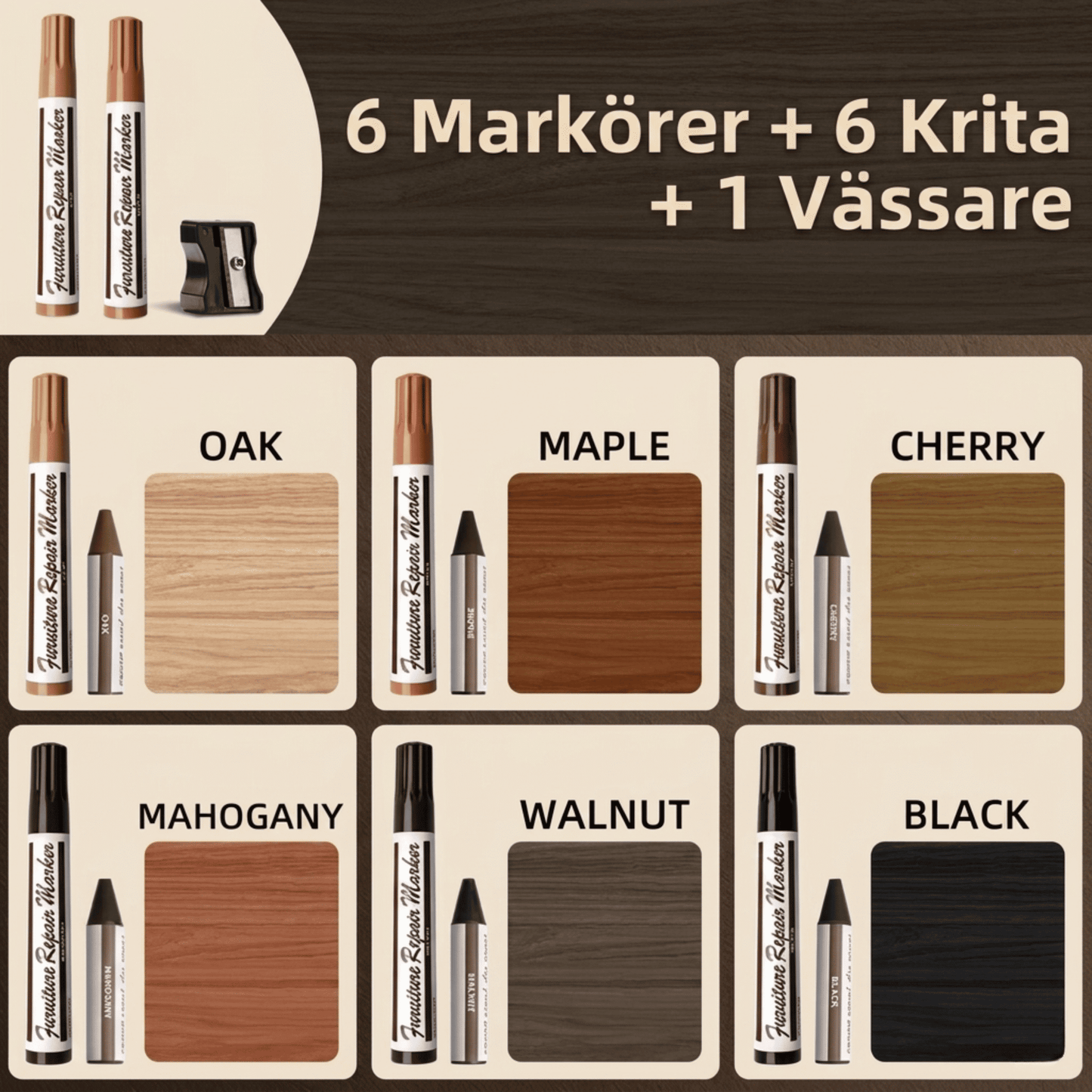 Reparationskit för Trärepor – 6 Markers, 6 Kritor och Vässare - UNO